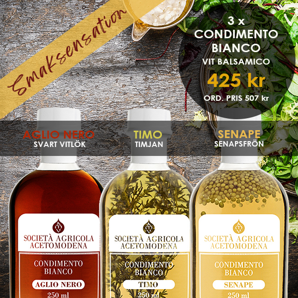 Tre sorters vit balsamico, Timjan, Senapsfrön, Svart vitlök